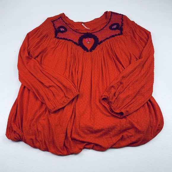Free People Women Bohemian Peasant Top M Rust Orange Embroidered Long Sleeve - Picture 2 of 12
